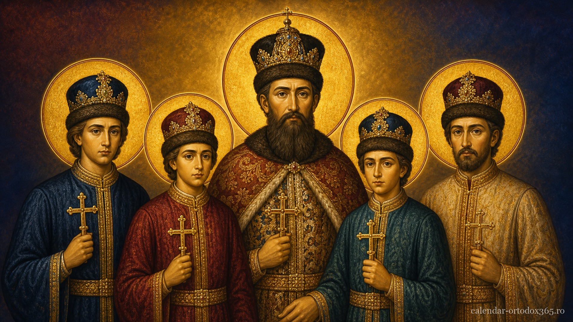 ) Sf. Martiri Brâncoveni: Constantin Voievod cu cei patru fii ai săi, Constantin, Ştefan, Radu şi Matei, şi sfetnicul Ianache