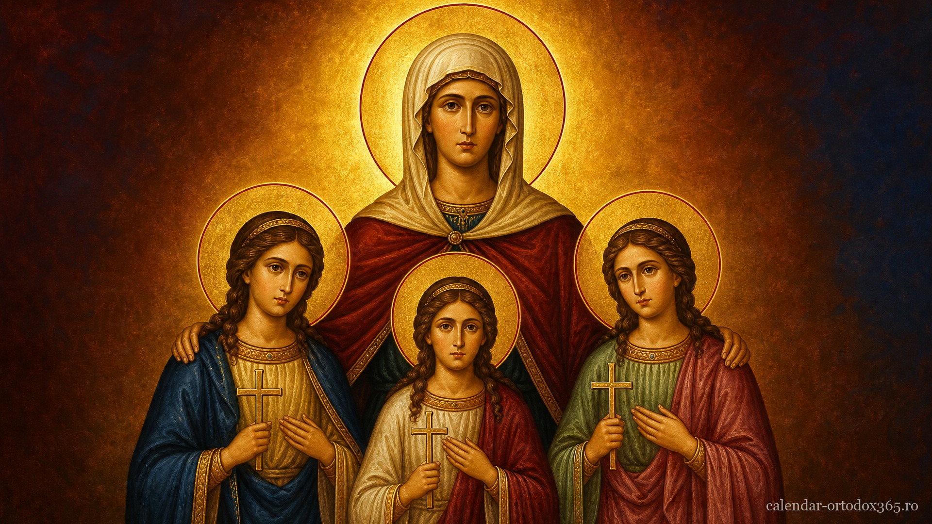 Sf. Mc. Sofia (Înțelepciunea) și fiicele ei: Pistis (Credința), Elpis (Nădejdea) și Agapi (Dragostea)