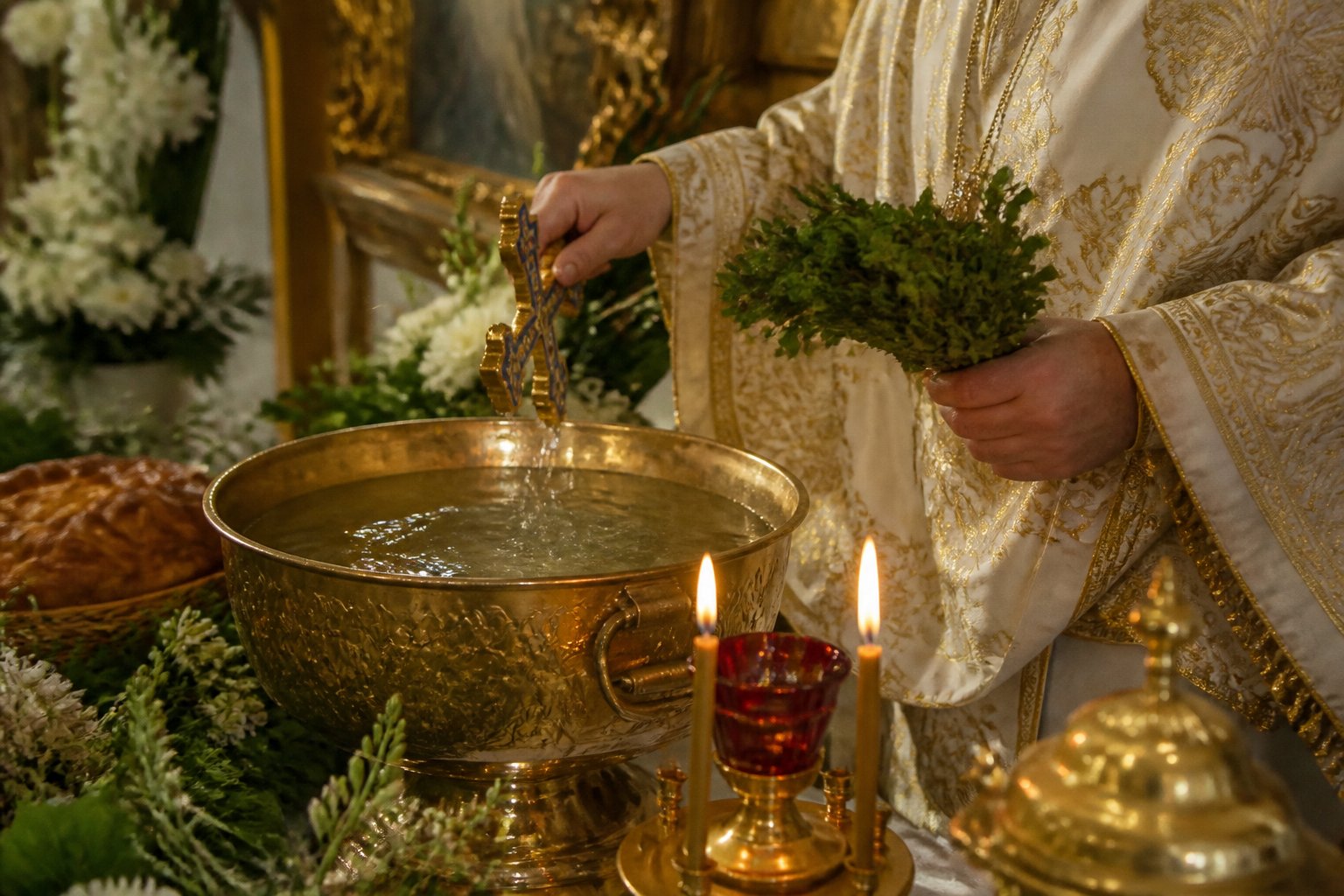Preot sfințind Agheasma Mare cu crucea și busuiocul, într-o biserică ortodoxă românească.
