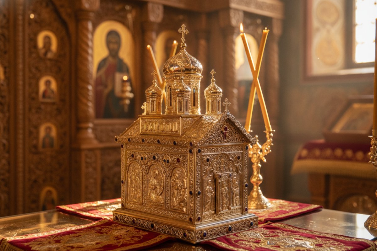 În altar, pe masa sfântă, se află „Chivotul”, o cutie mică ce seamănă cu o biserică…