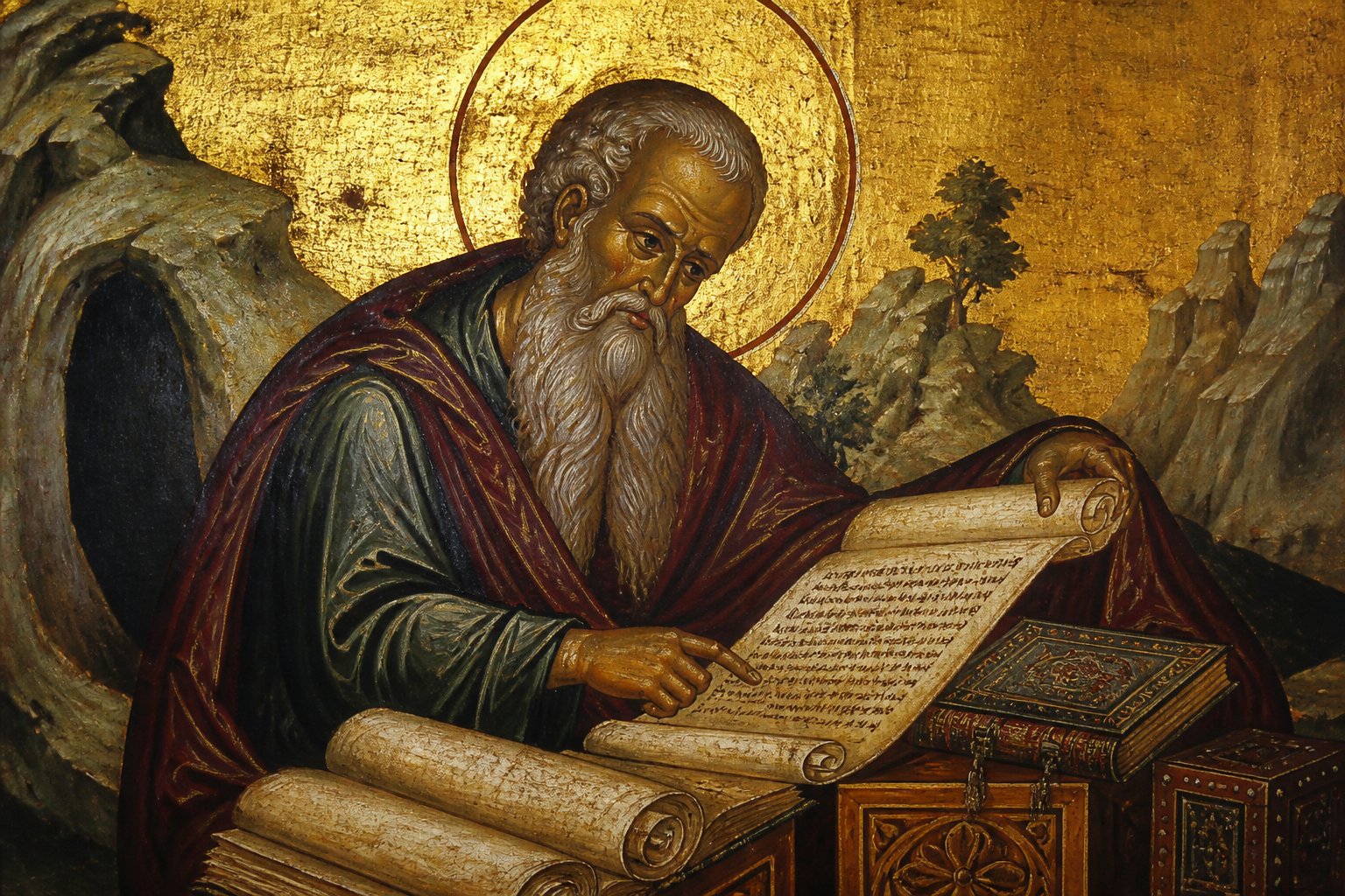 Icoană bizantină a unui sfânt cărturar studiind manuscrise vechi, simbolizând Vechiul Testament.