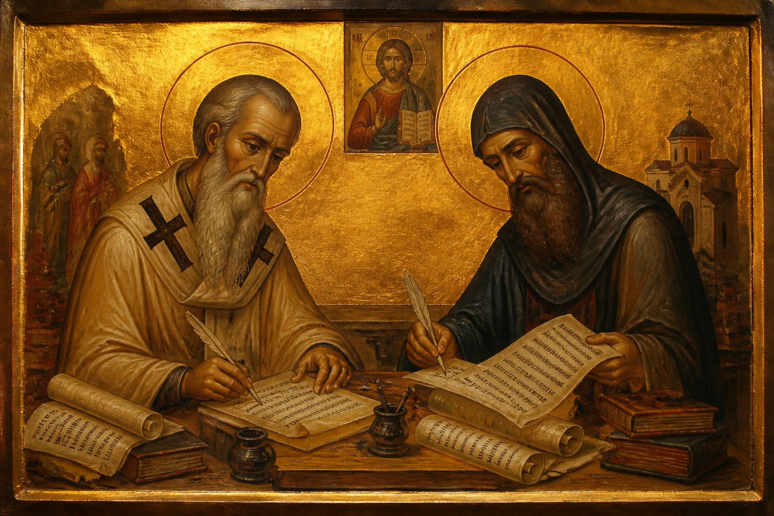 Icoană ortodoxă bizantină cu Sfinții Chiril și Metodie traducând Biblia în slavonă veche.