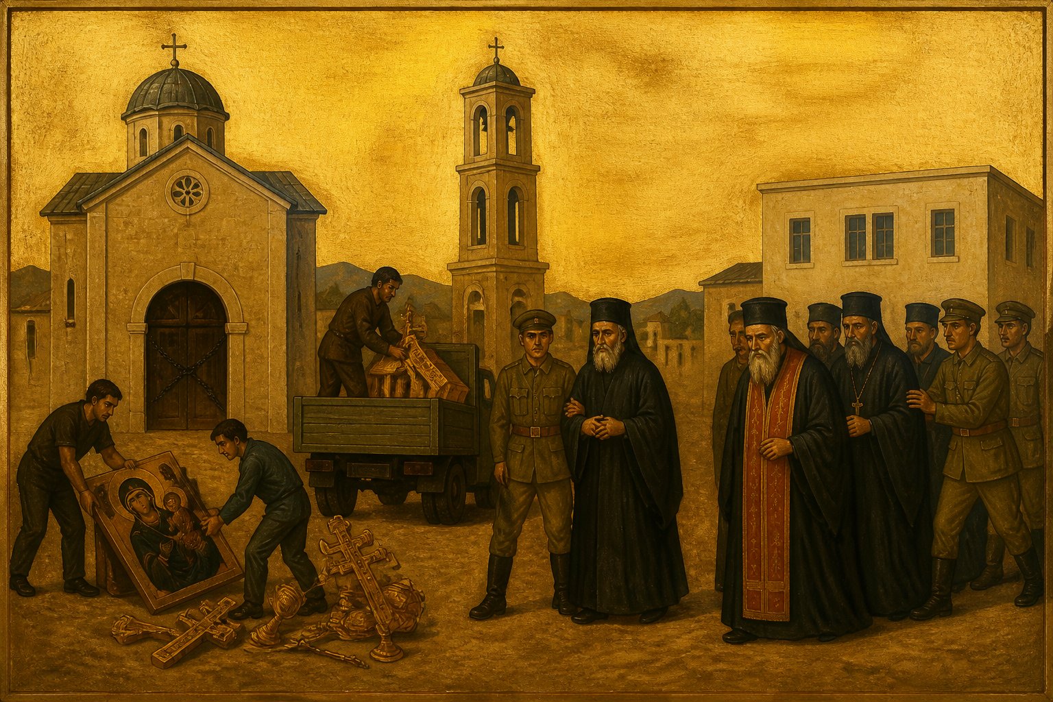 Icoană bizantină stilizată a persecuției Bisericii Ortodoxe Albaneze în 1967.