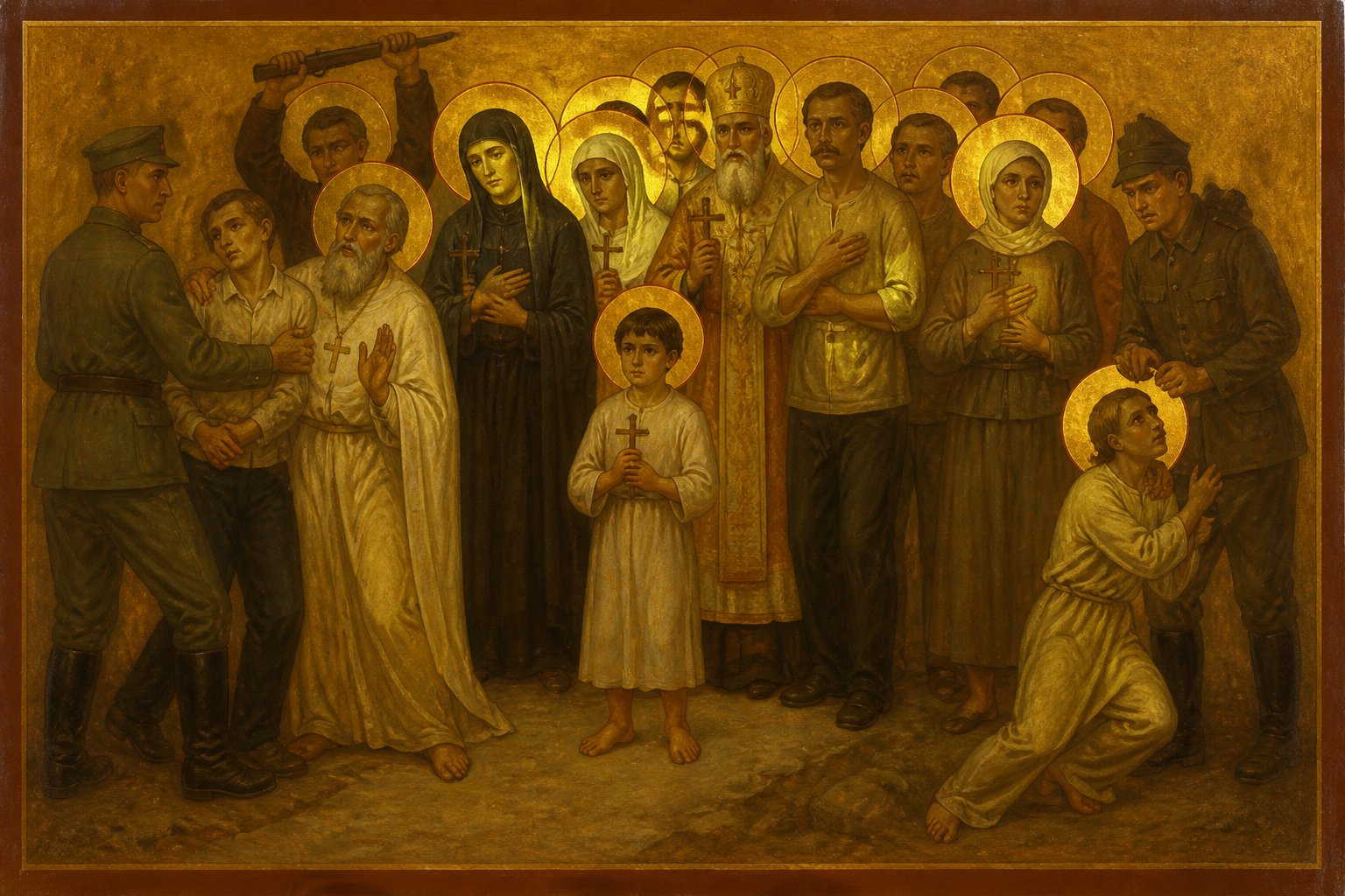 Icoană bizantină cu martiri ortodocși ruși din timpul persecuției sovietice.
