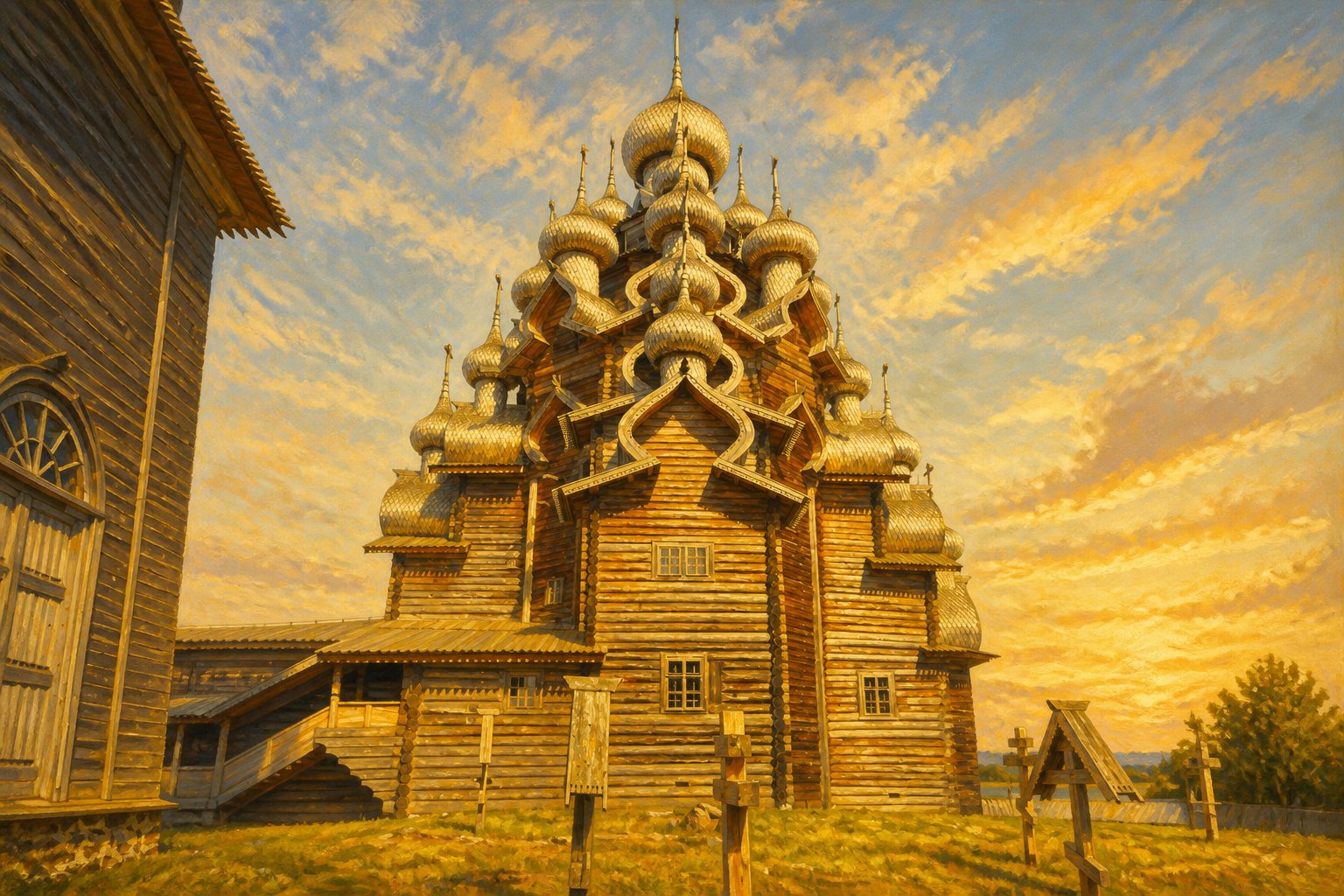 Biserica Schimbarea la Față din Kizhi, Rusia, construită integral din lemn, cu 22 de cupole.