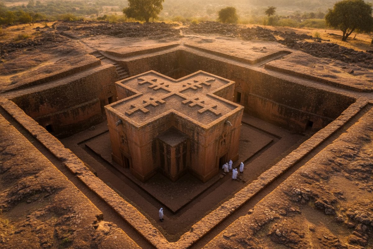 Bisericile din Lalibela, Etiopia, sunt sculptate direct în rocă vulcanică sub…