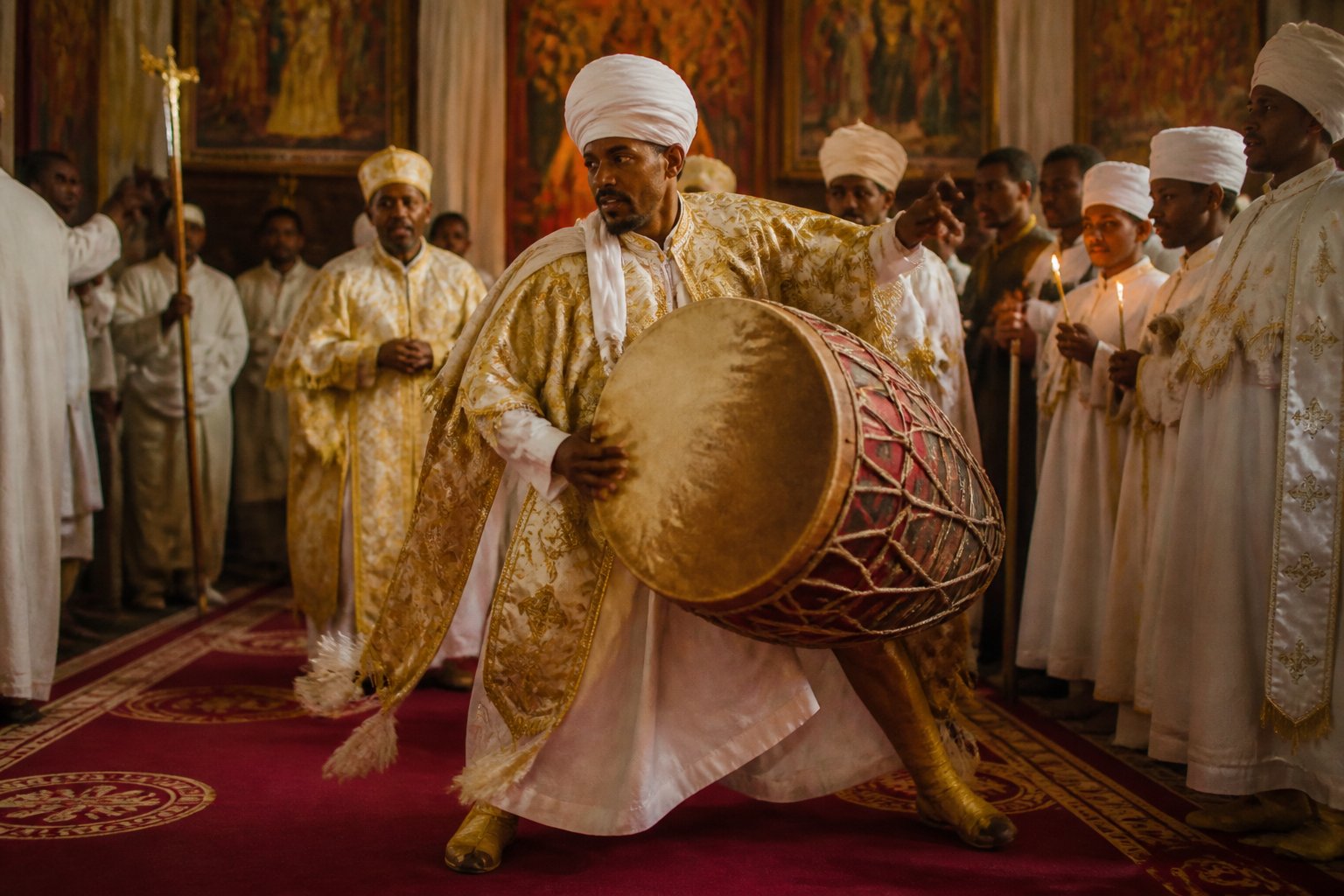 Preot ortodox etiopian dansând ritualic cu toba kebero în timpul unei slujbe religioase.