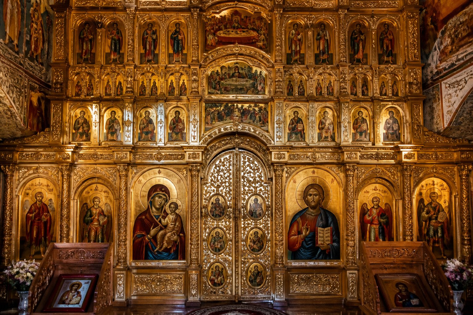 O icoană bizantină reprezentând un iconostas bogat ornamentat într-o biserică ortodoxă românească.