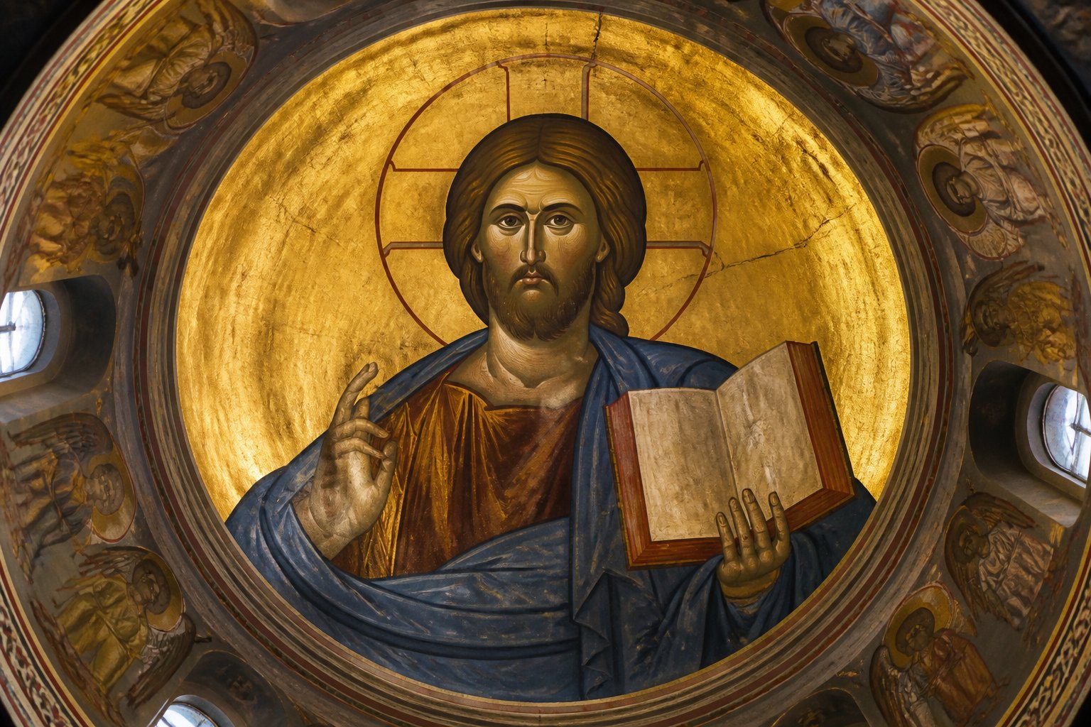 Icoană ortodoxă bizantină a lui Hristos Pantocrator pe cupola unei biserici.