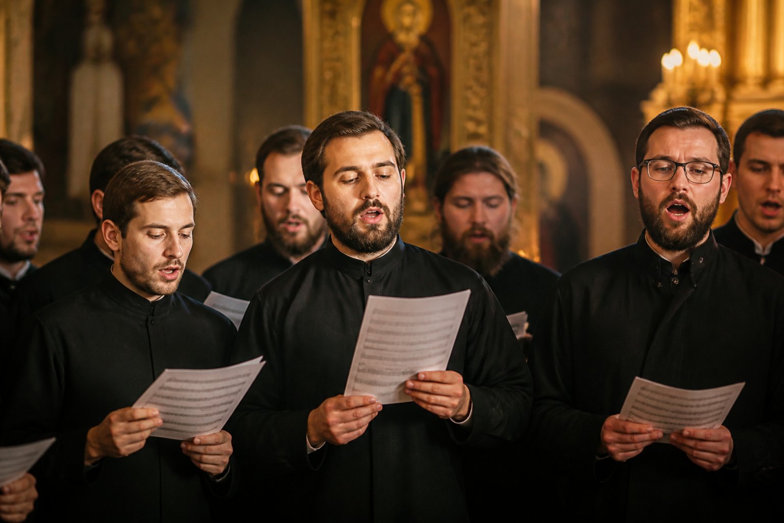 Un cor ortodox românesc cântând a cappella într-o biserică, cu expresii pioase.