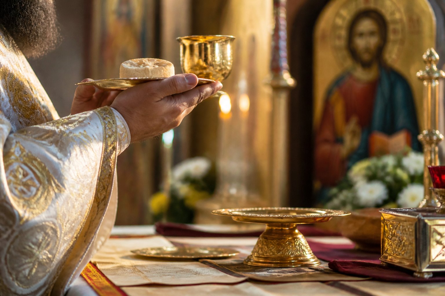 Preot ținând pâinea și vinul în timpul Epiclezei, momentul central al Sfintei Liturghii.