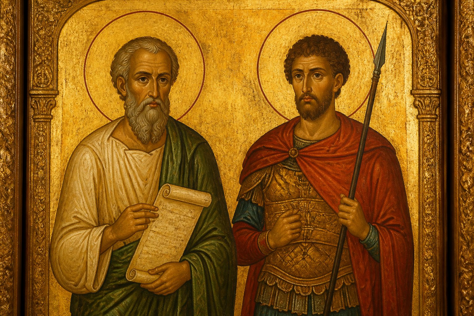 Icoană ortodoxă bizantină cu Sfântul Iustin Martirul și Sfântul Longhin Sutașul.