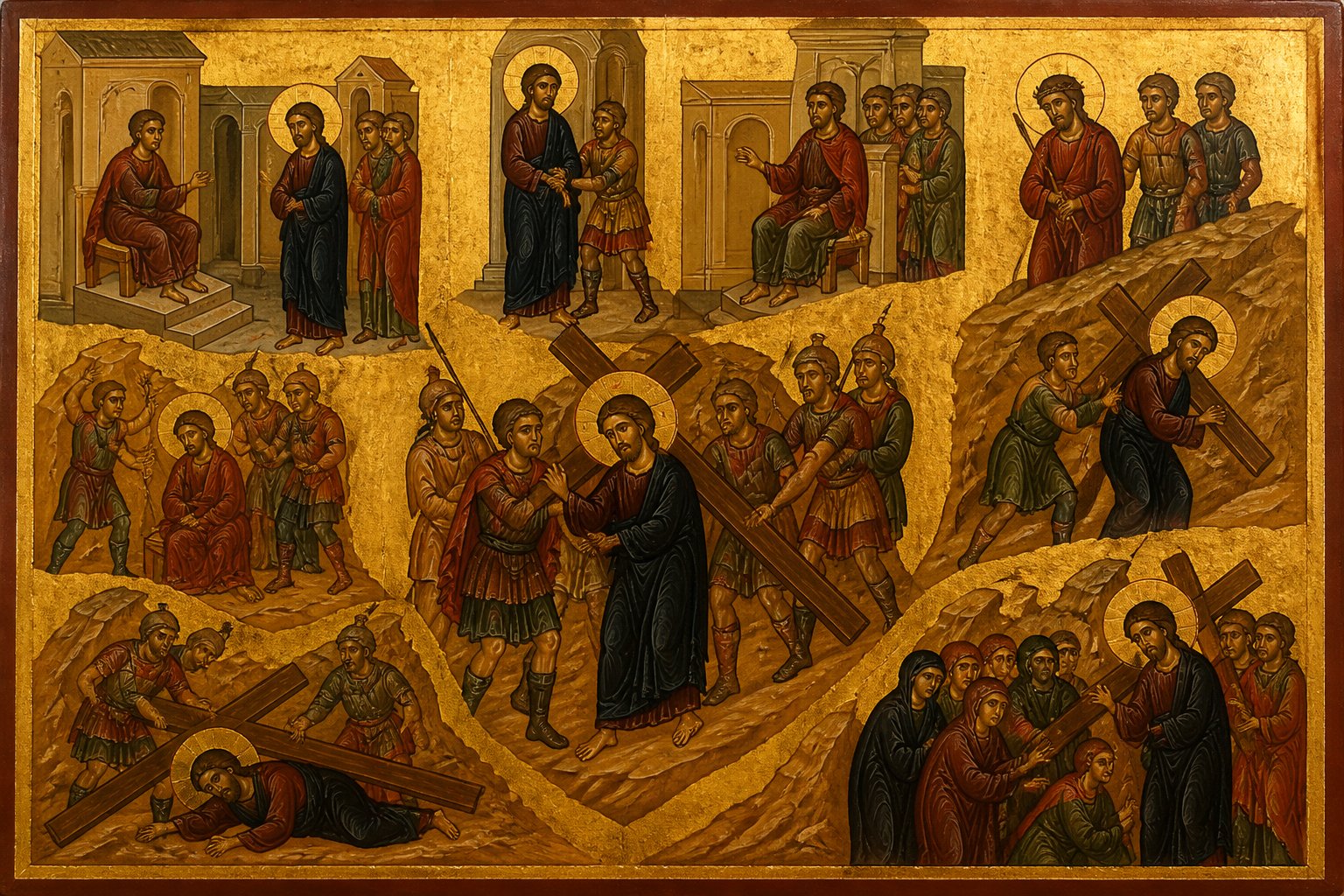 Icoană bizantină autentică a Drumului Crucii, cu scene din Pătimirile Mântuitorului Iisus Hristos.