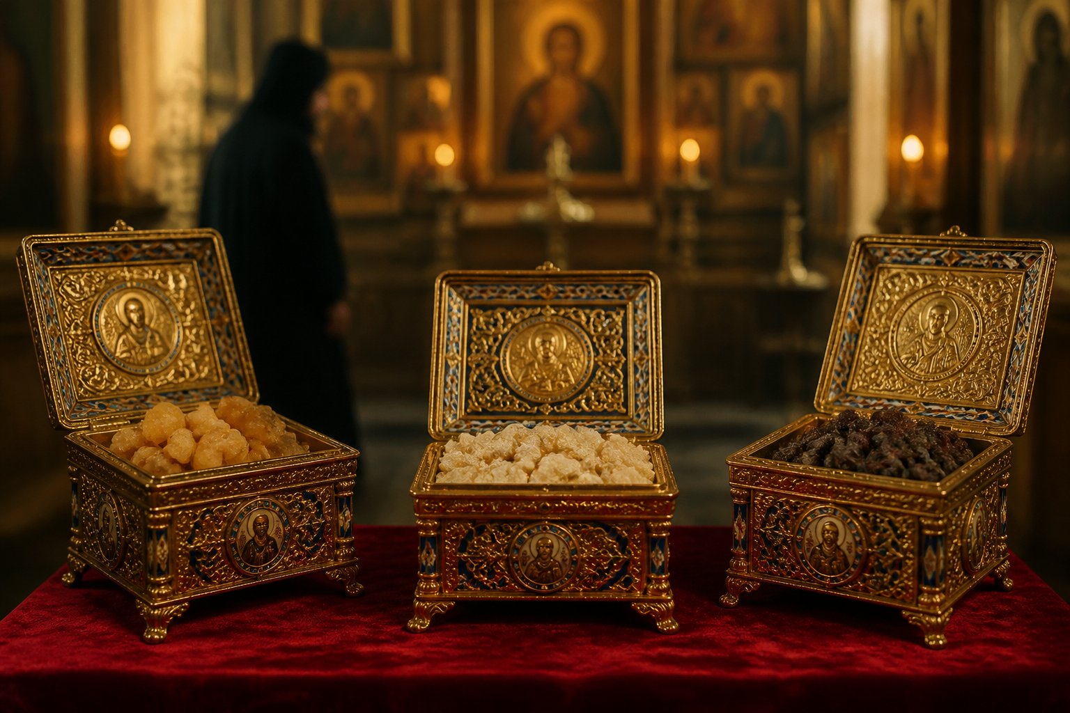 Darurile Magilor: aur, tămâie, smirnă, relicve sfinte într-o mănăstire ortodoxă.