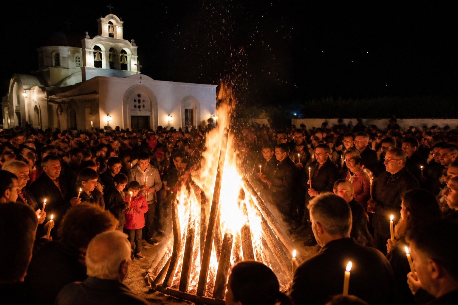 Foc mare de Paști aprins noaptea in fata unei biserici grecesti, credinciosi cu lumanari in jur.