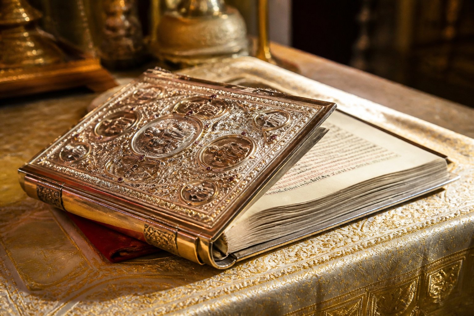 O carte Evangheliar ortodoxă ornată, cu copertă din metal prețios, așezată pe masa altarului.