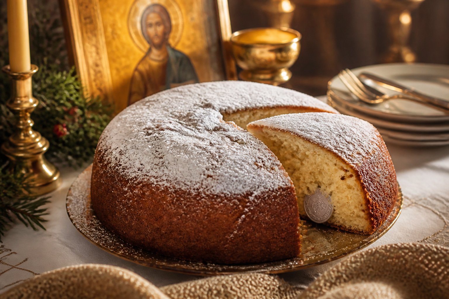O Vasilopita, prăjitură grecească tradițională de Anul Nou, cu o monedă ascunsă.