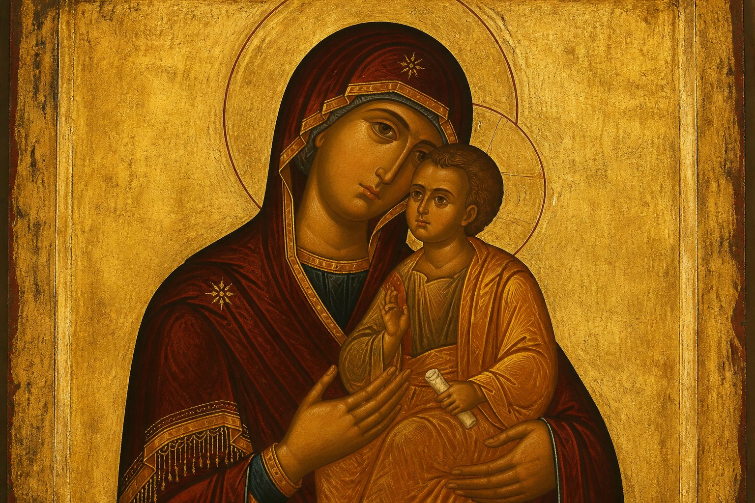 Icoana Maicii Domnului Axion Estin, tip Eleusa, cu Pruncul Iisus.
