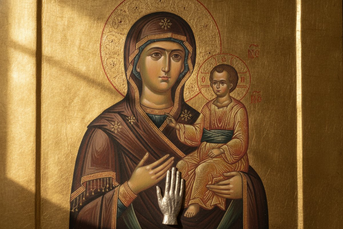 Icoana „Maica Domnului cu trei mâini” (Triherusa) a Sfântului Ioan Damascen are o…
