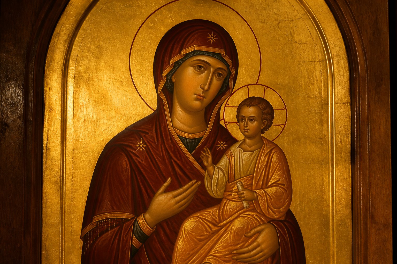 Icoana Maicii Domnului „Îndrumătoarea” (Hodighitria), stil bizantin, cu Pruncul Iisus.