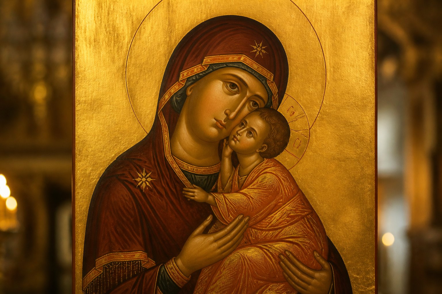 Icoană ortodoxă bizantină a Maicii Domnului „Potolirea tulburărilor”, cu Pruncul Iisus.