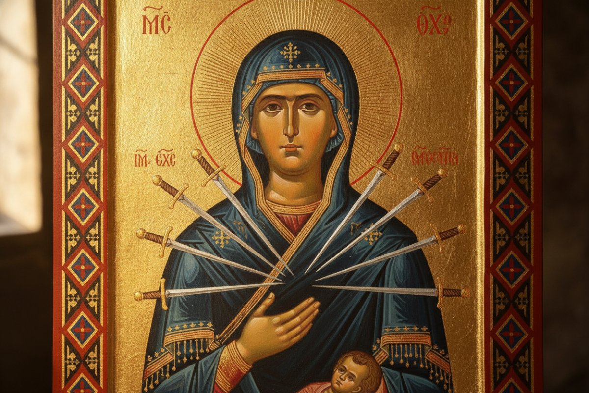 Icoana Maicii Domnului „Cea cu șapte săgeți” simbolizează durerea Fecioarei Maria și…