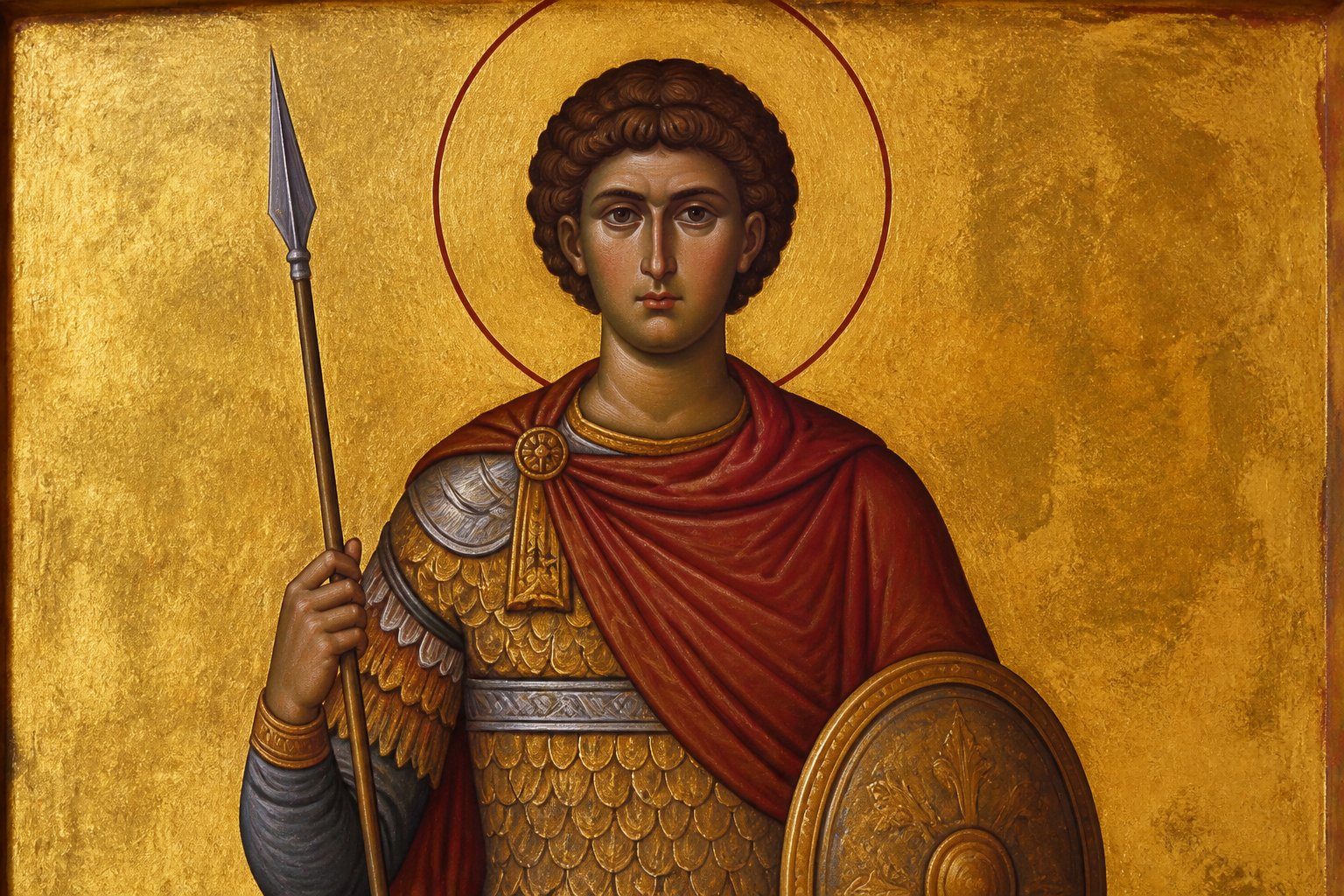 Icoană ortodoxă bizantină a Sfântului Mare Mucenic Mina, soldat roman, cu aureolă.
