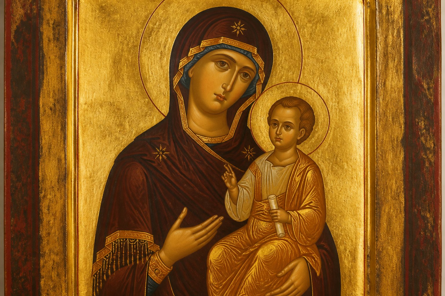 Icoană bizantină a Maicii Domnului 'Sporirea Minții', cu Pruncul Iisus ținând un sul.