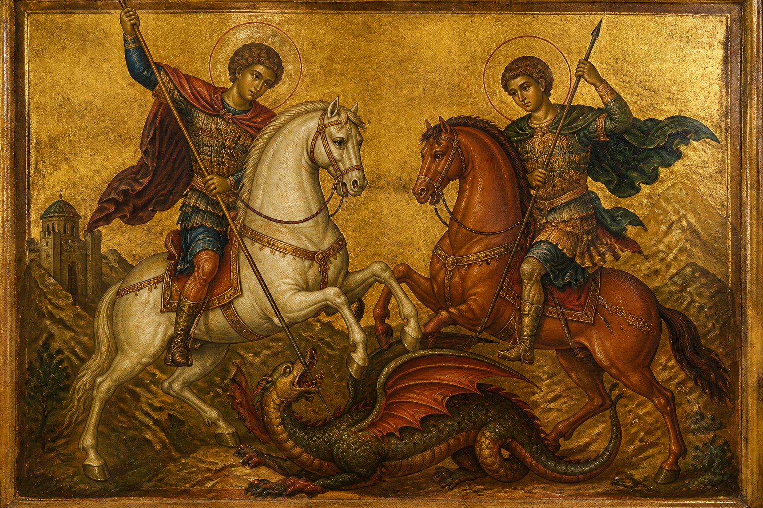 Icoană ortodoxă bizantină cu Sfântul Gheorghe pe cal alb și Sfântul Dumitru pe cal roșu.