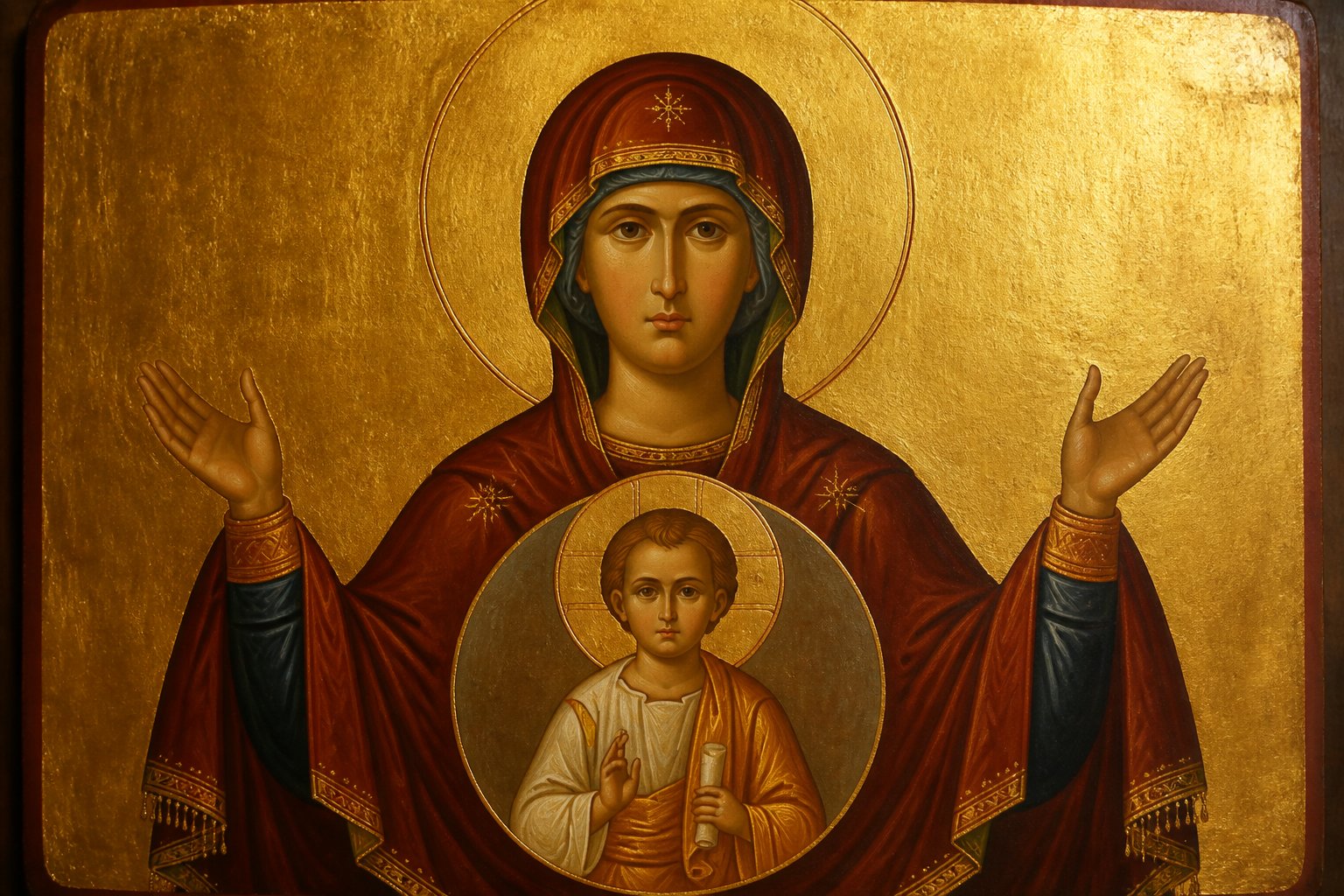 Icoană bizantină cu Maica Domnului a Semnului, având pe piept Pruncul Iisus.