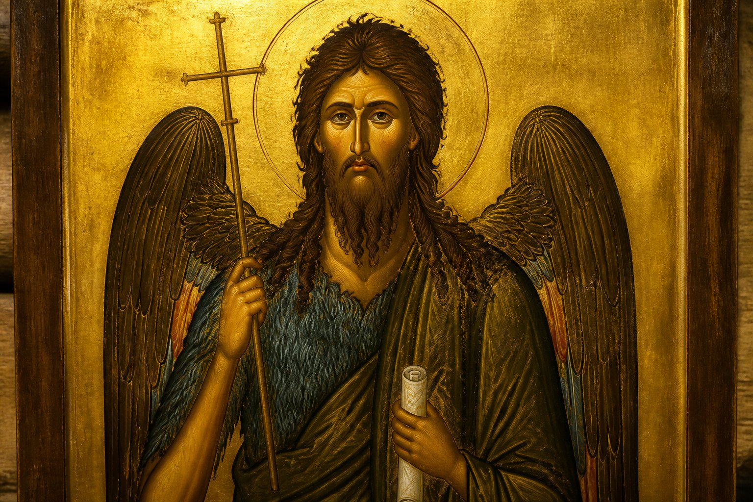 Icoană bizantină a Sfântului Ioan Botezătorul cu aripi de înger, ținând o cruce.