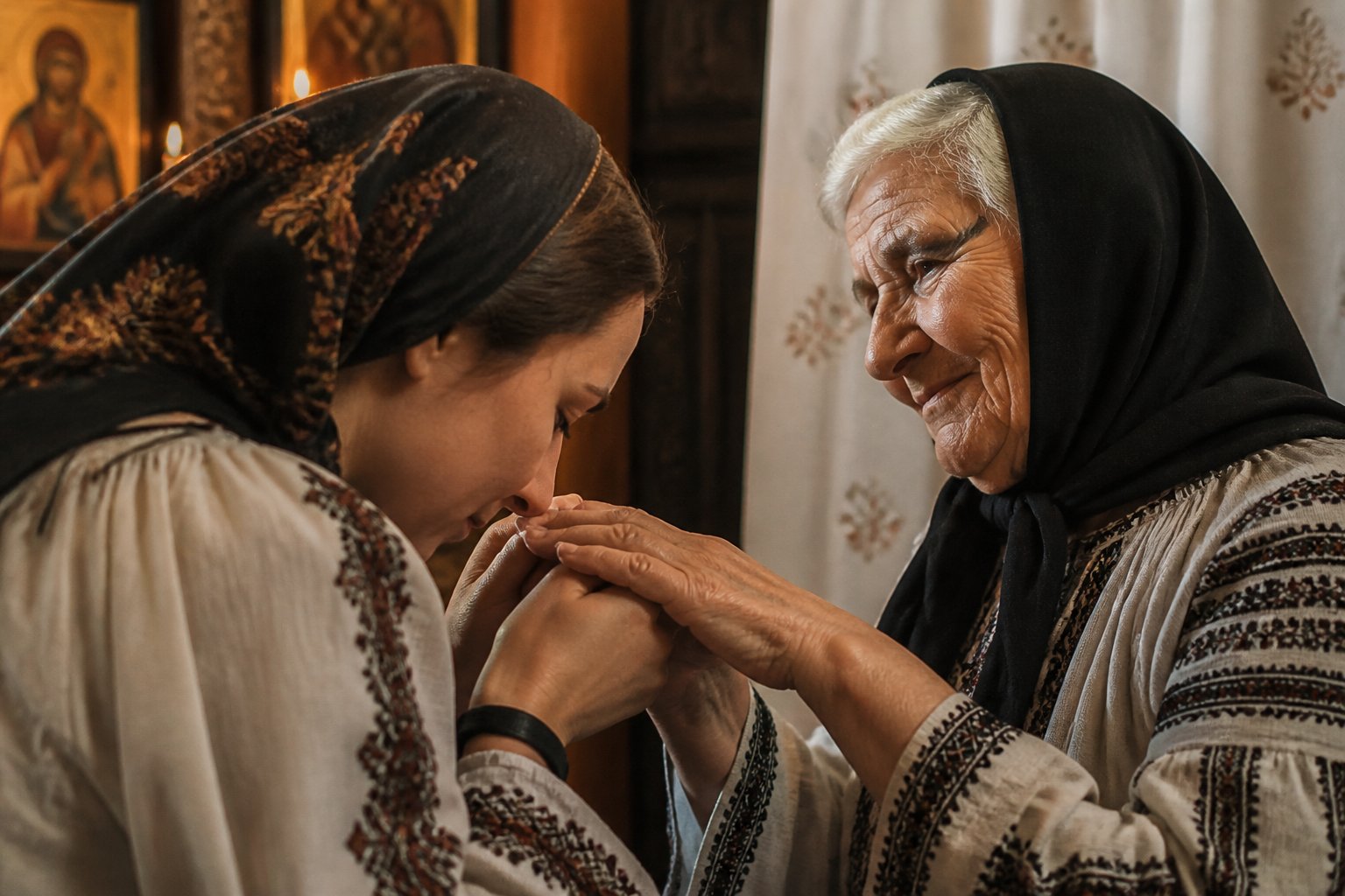 Două persoane își cer iertare, simbolizând ritualul tradițional românesc al Iertăciunii.