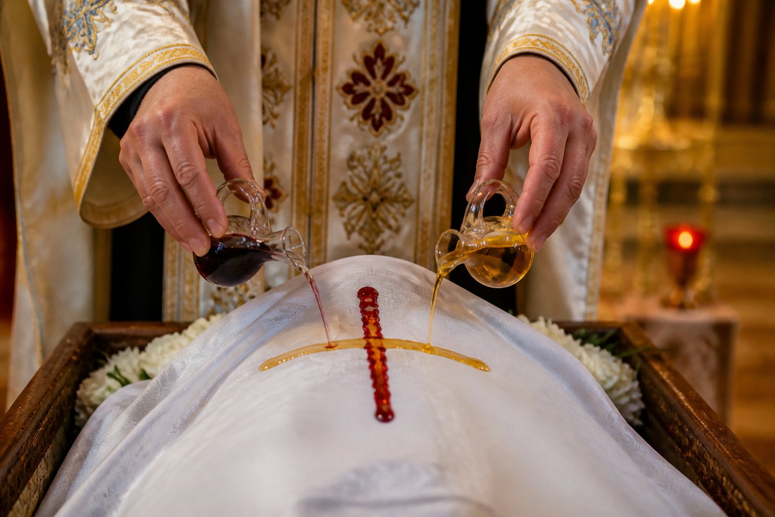Mâinile unui preot turnând vin și untdelemn în formă de cruce peste un trup.