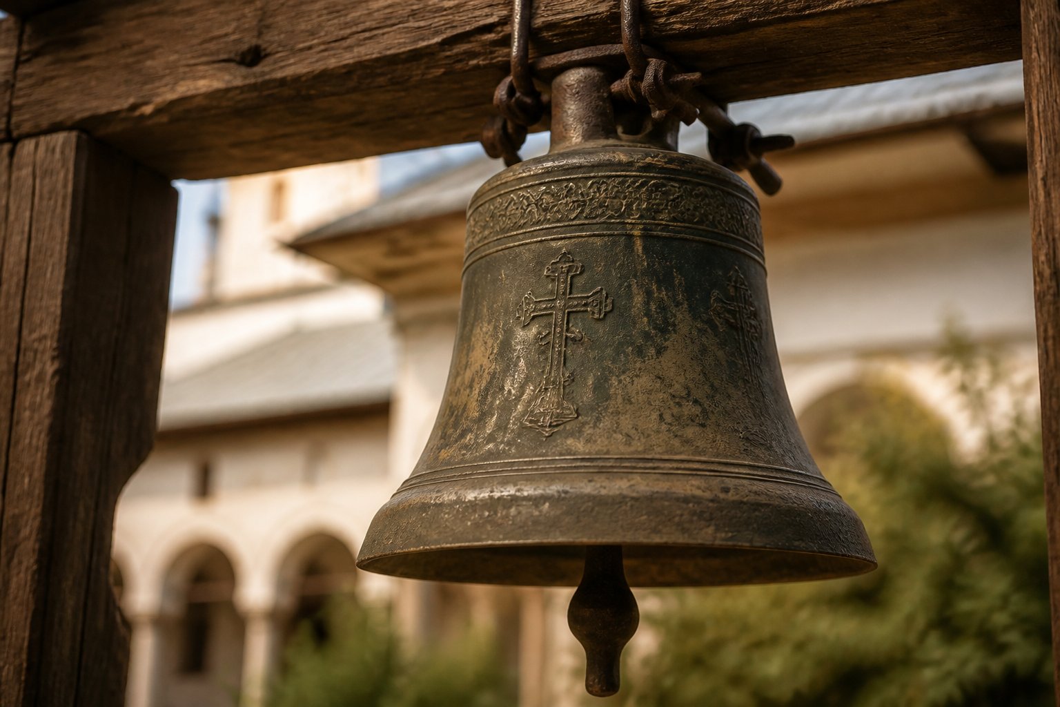 Un clopot vechi de biserică ortodoxă românească, din bronz, cu patina timpului.