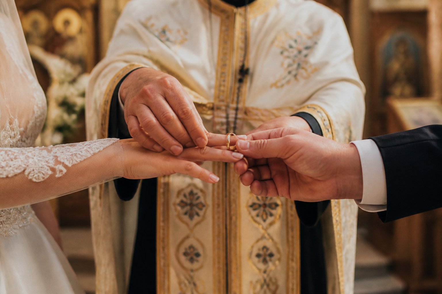 Două inele de logodnă schimbate între miri de către nași, într-o ceremonie ortodoxă.