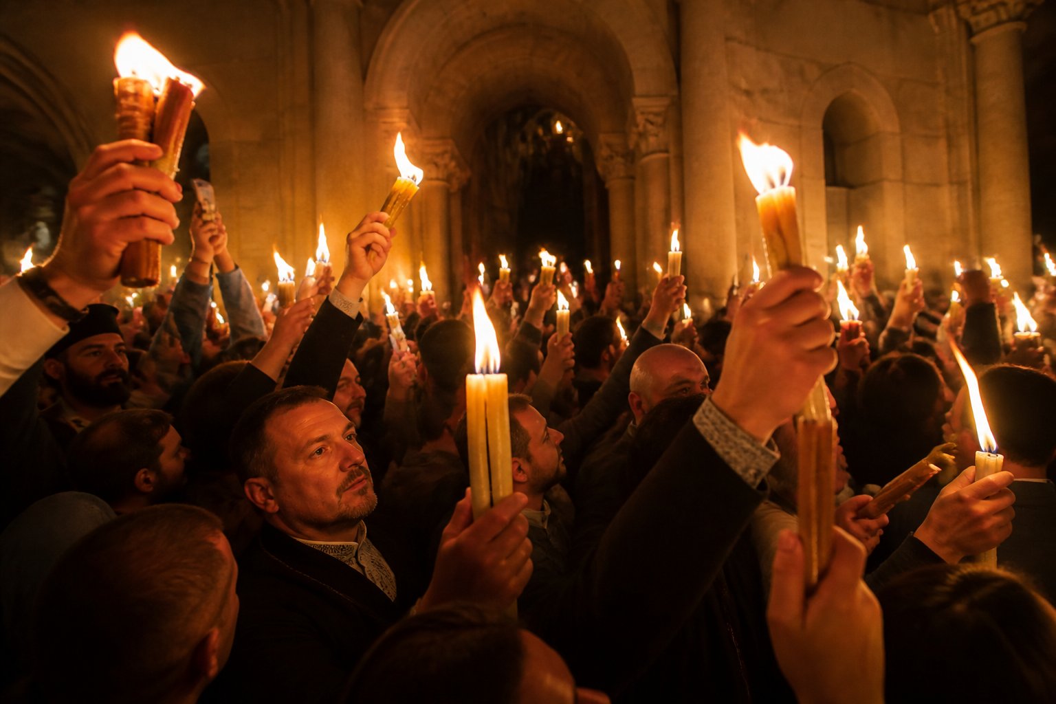 Pelerini ținând lumânări aprinse cu Lumina Sfântă la Ierusalim.