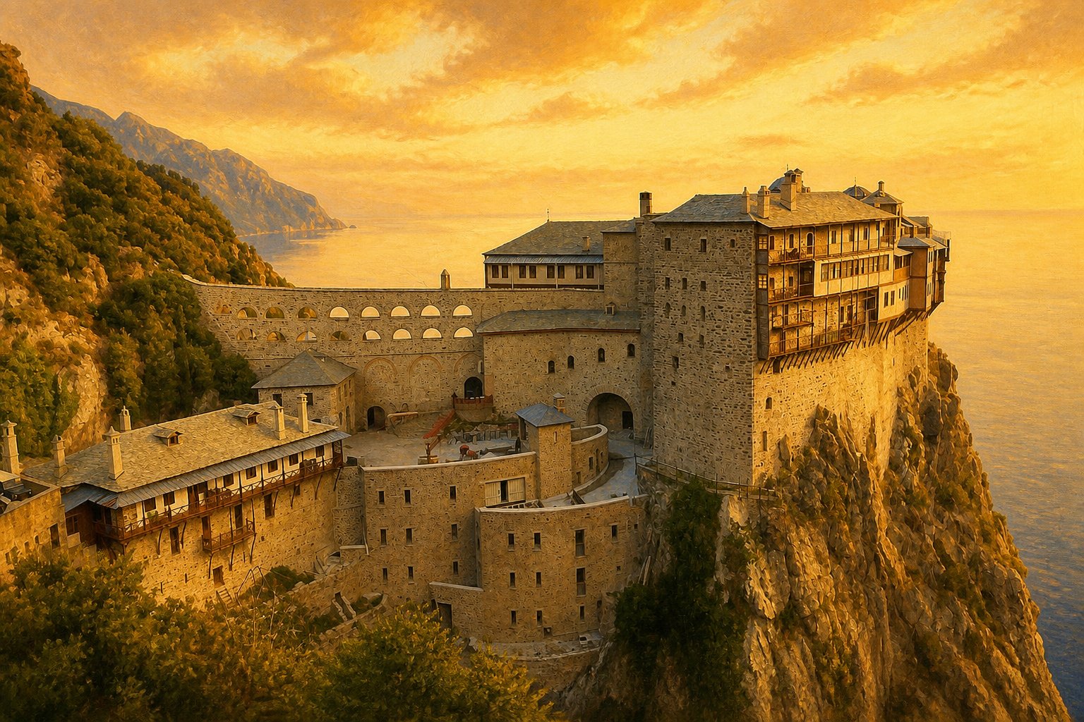 Mănăstirea Simonos Petra, suspendată spectaculos pe o stâncă verticală pe Muntele Athos.