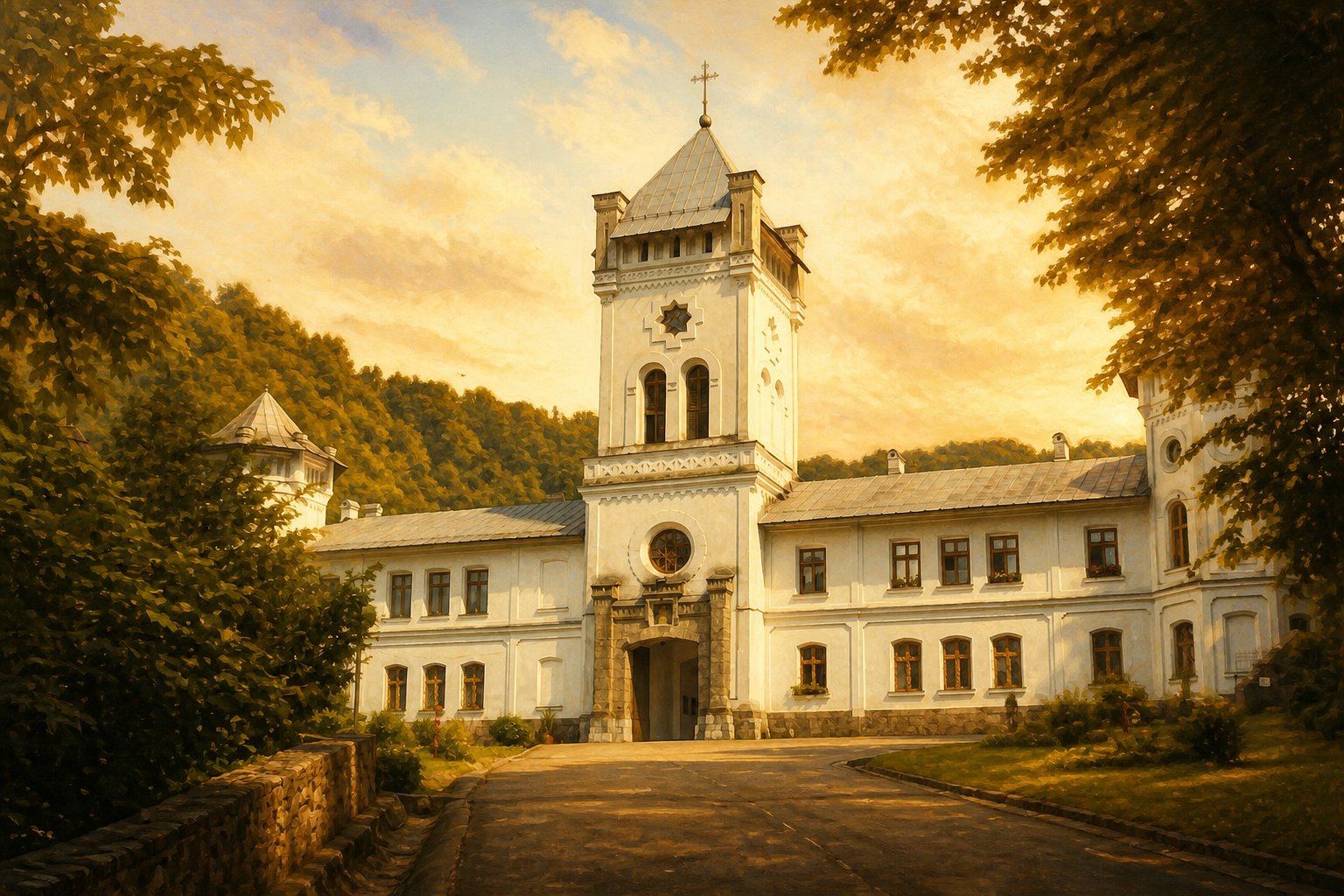 Mănăstirea Tismana, cea mai veche așezare monastică din Țara Românească, pe o stâncă.