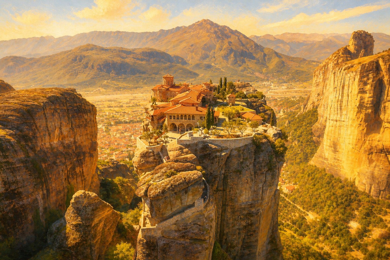 Mănăstirile de la Meteora, construite pe piloni naturali de stâncă în Grecia.