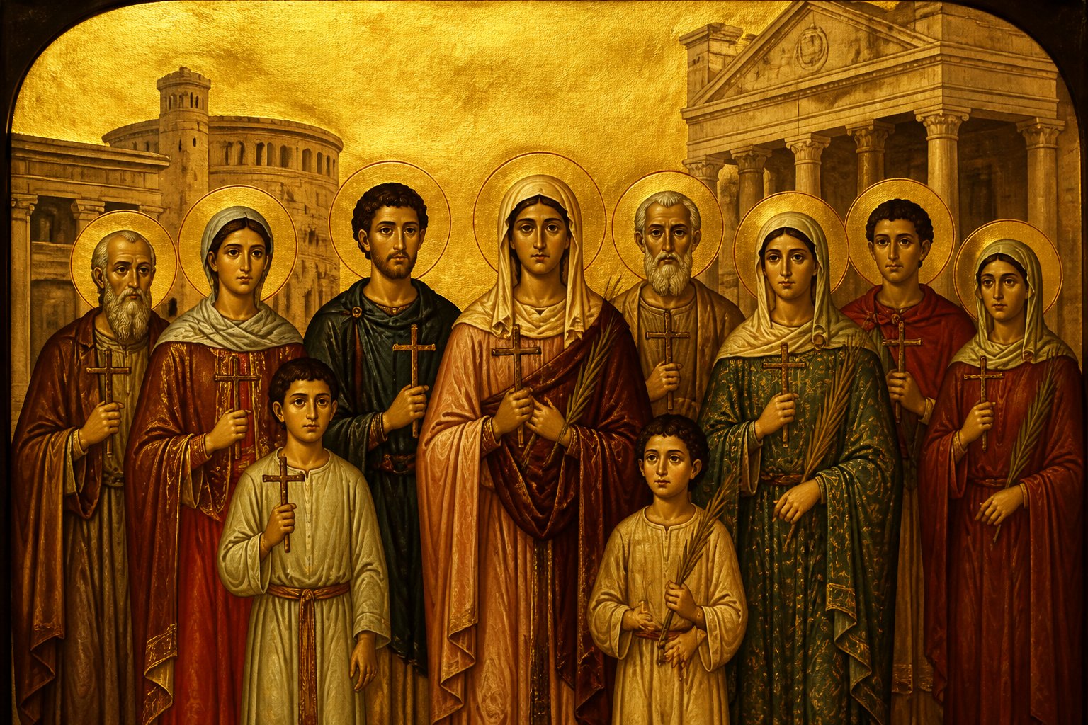 Icoană bizantină cu martiri creștini timpurii, bărbați și femei, în fața arhitecturii romane.
