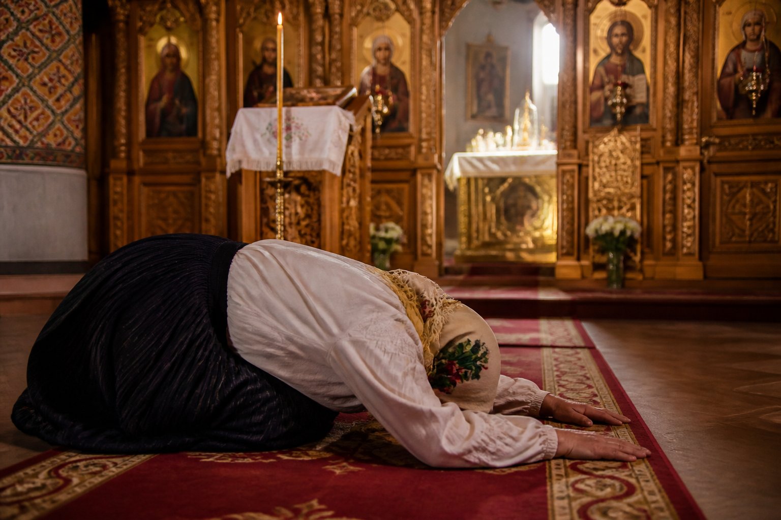 O persoană face o metanie mare, aplecându-se până la pământ, într-o biserică ortodoxă.