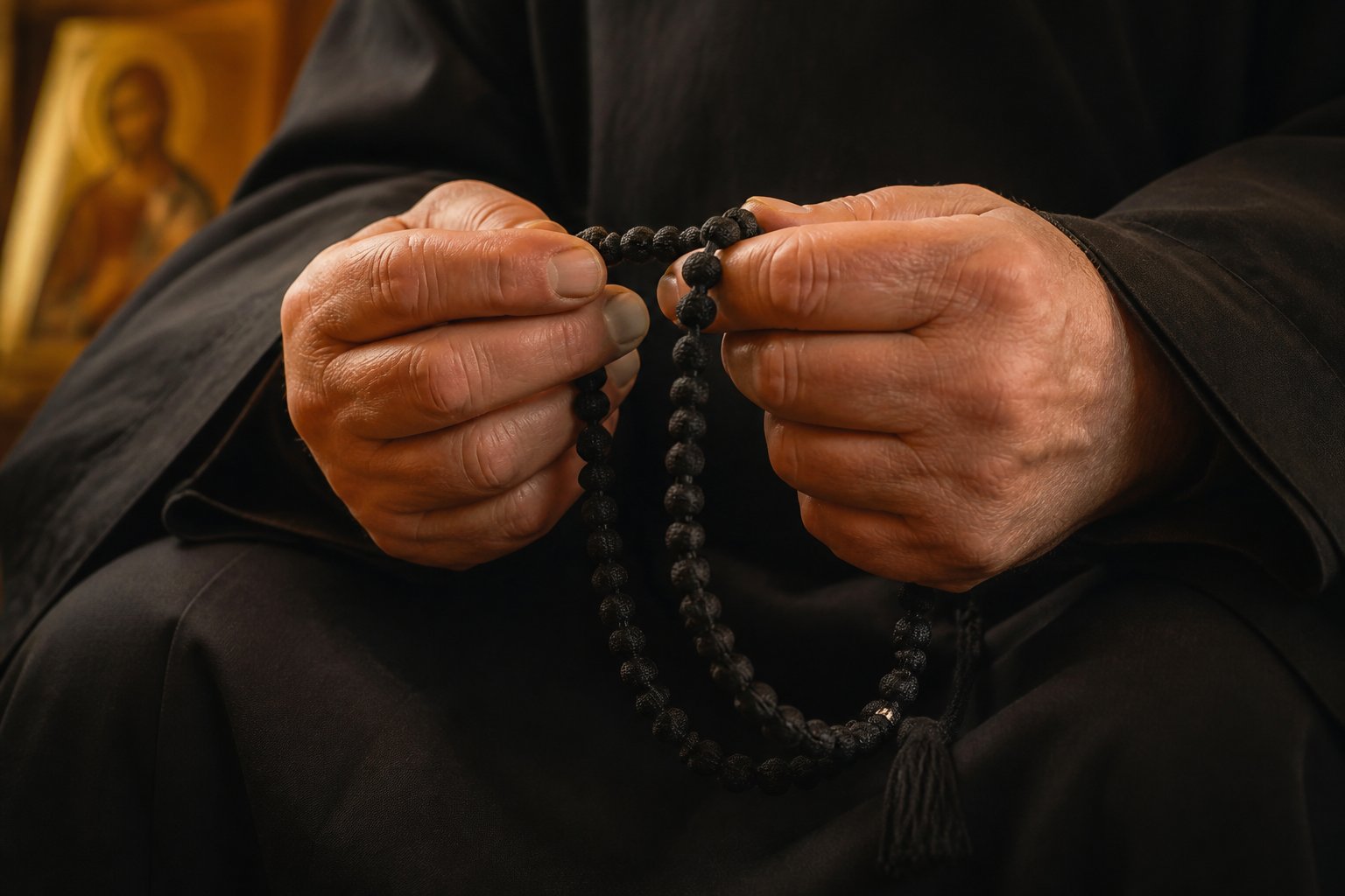 Mână de călugăr ținând un șirag de metanii negre, cu noduri complicate.