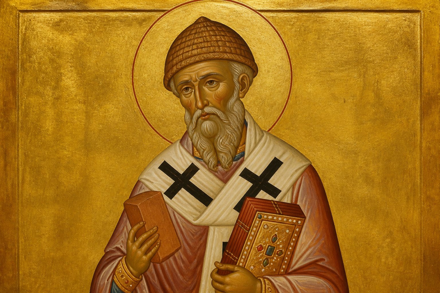 Icoană ortodoxă bizantină a Sfântului Spiridon, episcopul cu pălărie de paie.