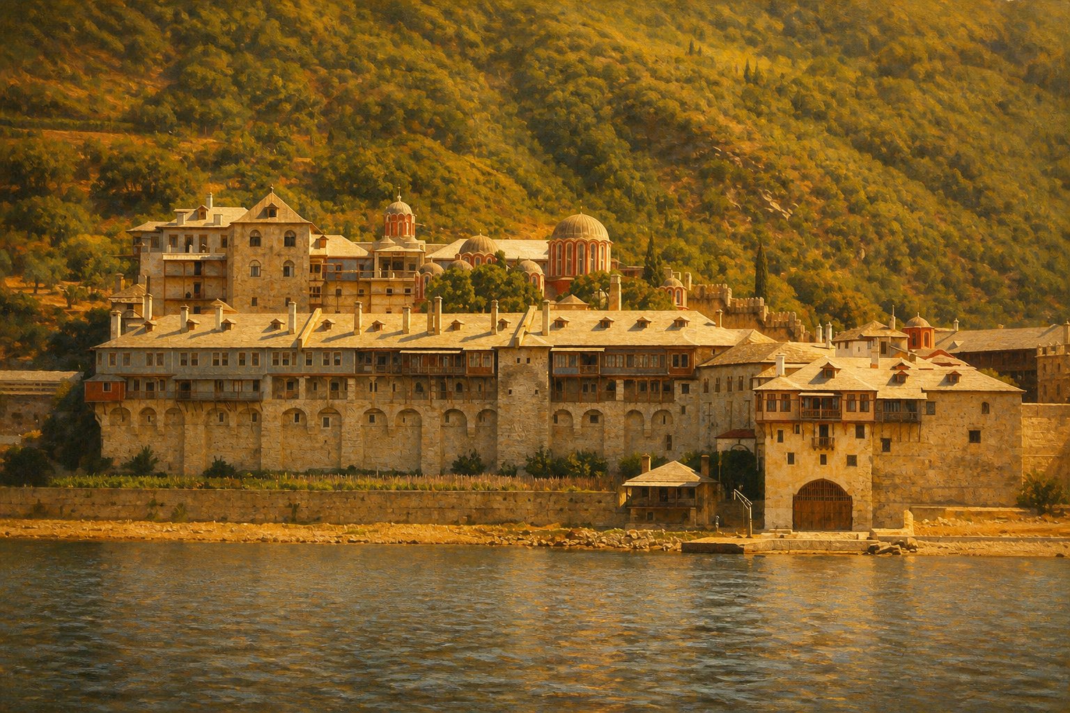 Vedere panoramică a unei mănăstiri bizantine pe Muntele Athos, sub lumina caldă.