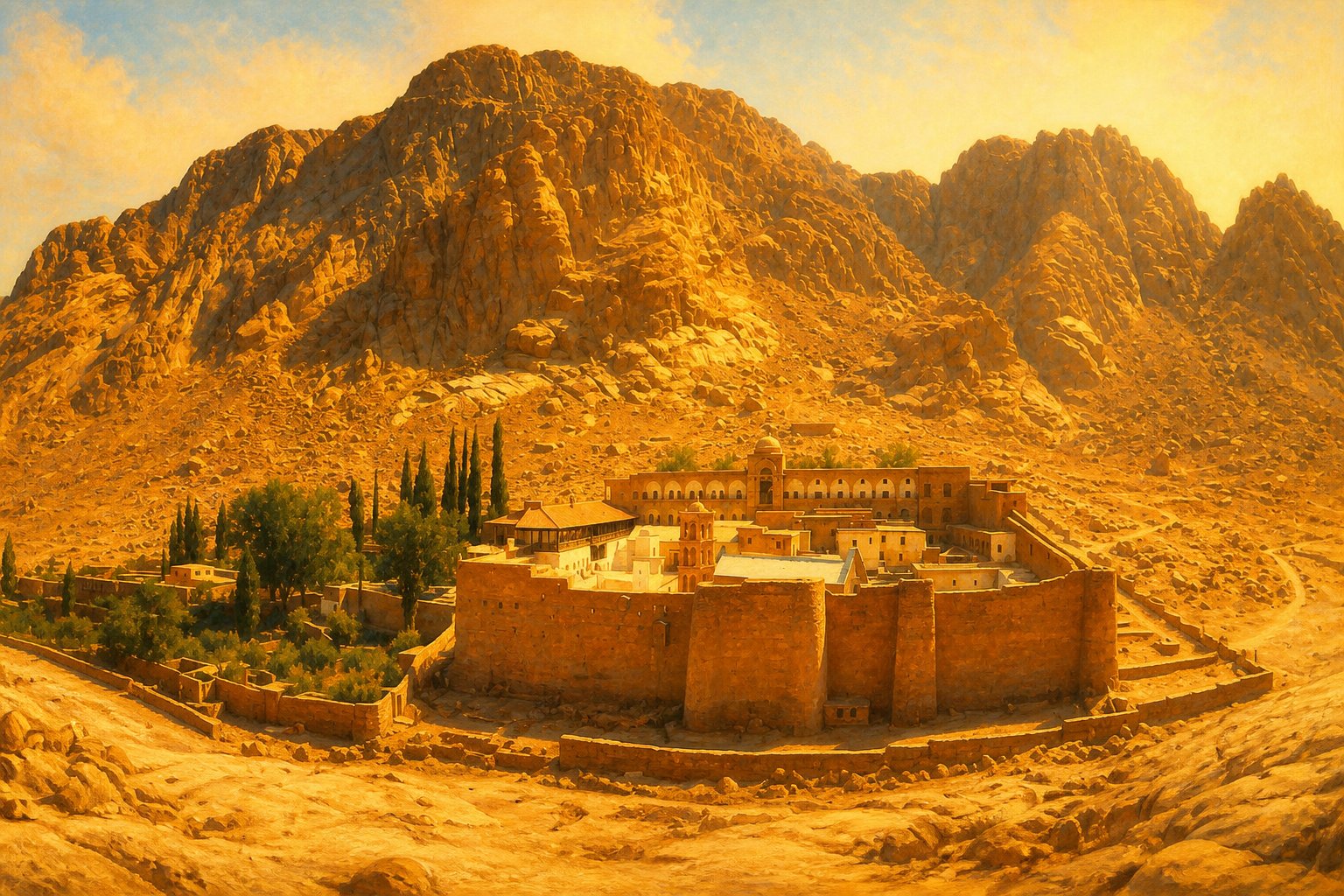Mănăstirea Sfânta Ecaterina din Sinai, cu zidurile sale fortificate și moscheea integrată.