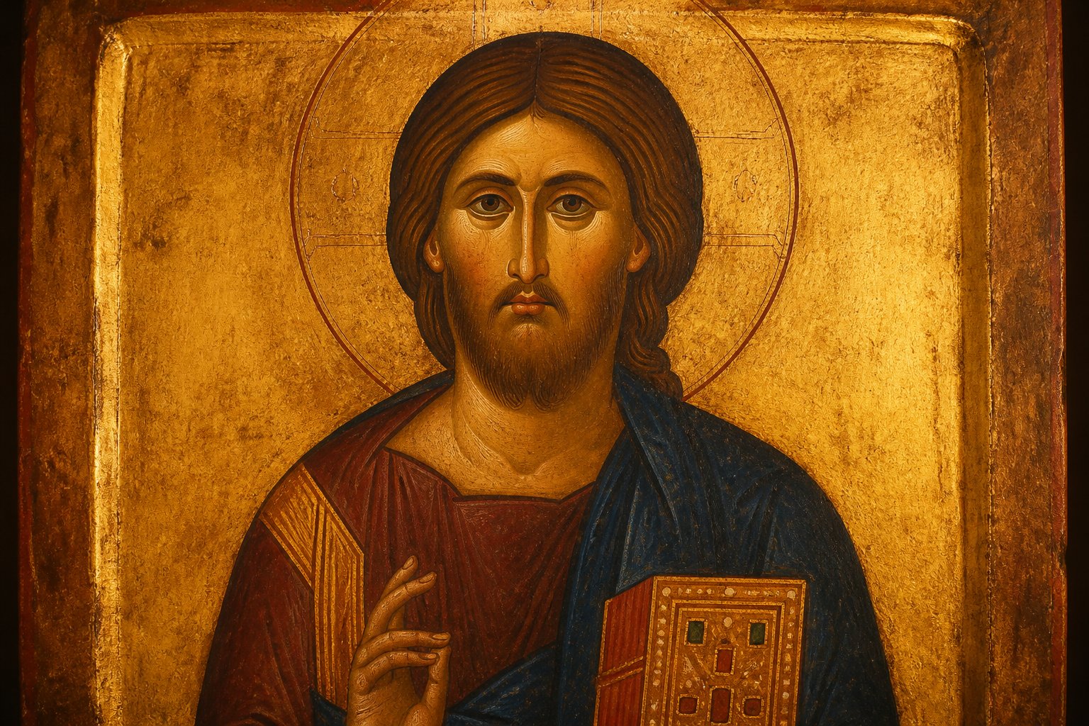 Icoană bizantină a lui Iisus Hristos Pantocrator, cu fond auriu.