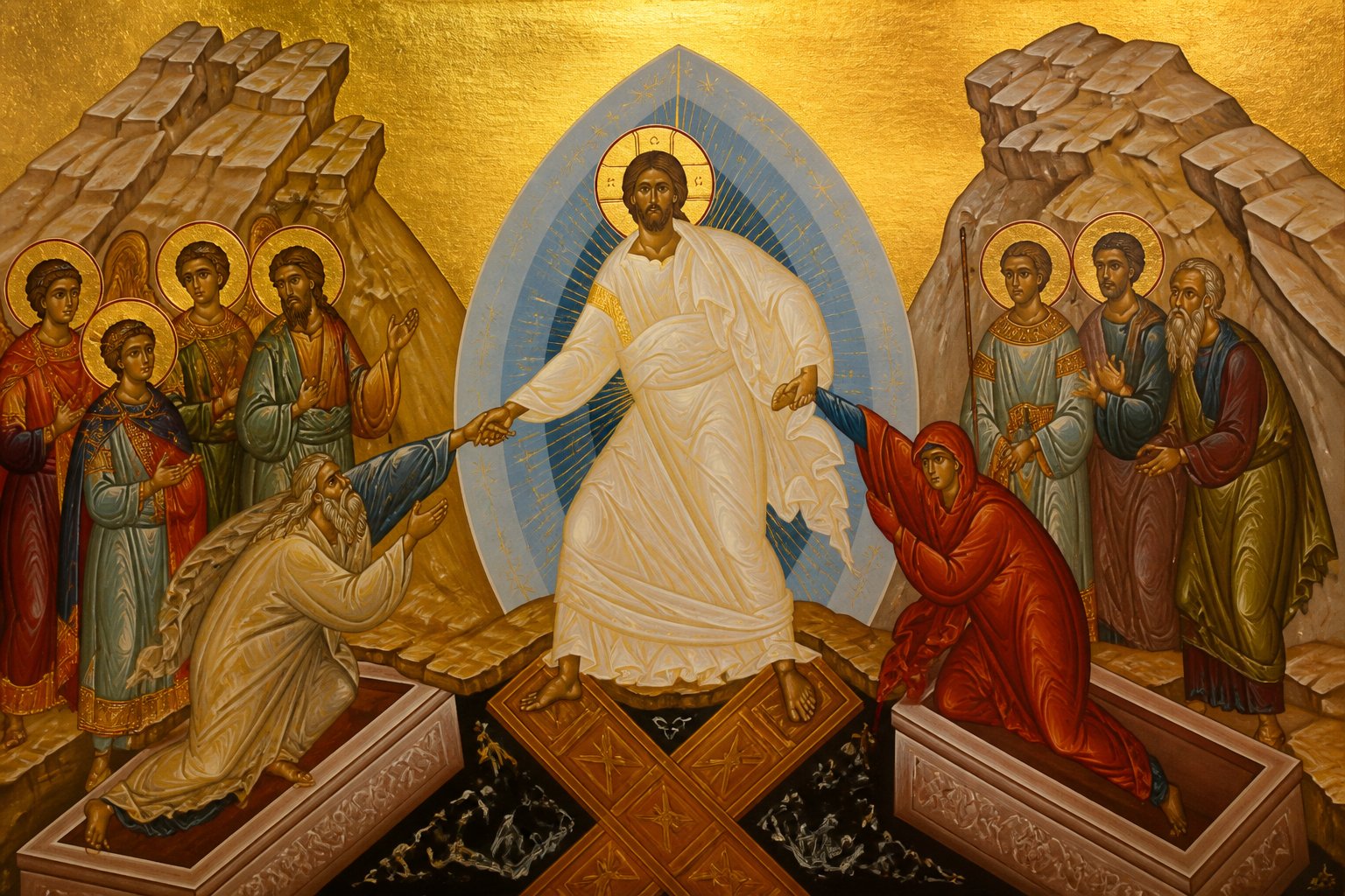 Icoană ortodoxă bizantină a Învierii Domnului, cu Hristos biruitor asupra morții.