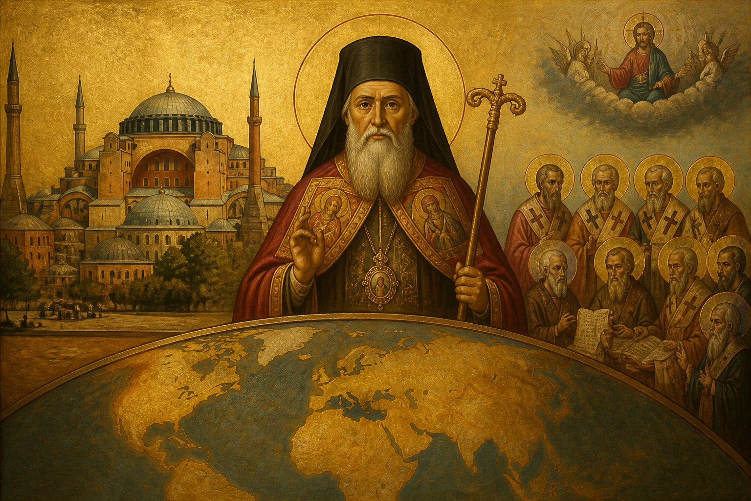 Icoană bizantină stilizată a Patriarhiei Ecumenice din Istanbul, simbolizând Ortodoxia mondială.