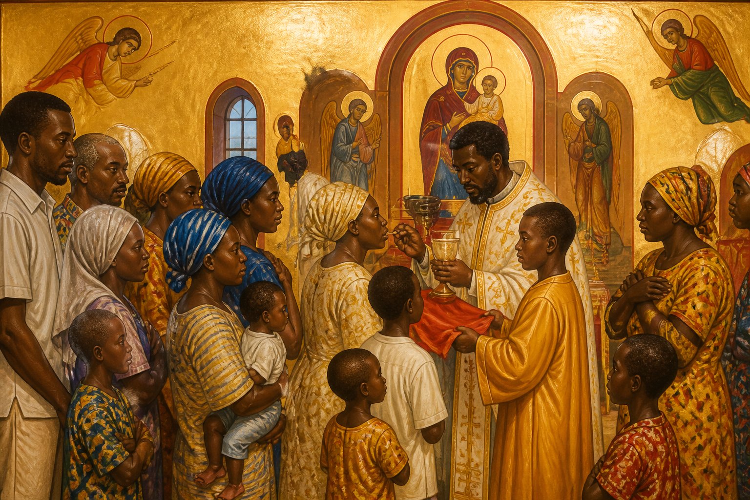Icoană bizantină cu credincioși ortodocși africani în timpul unei liturghii, în Uganda sau Kenya.