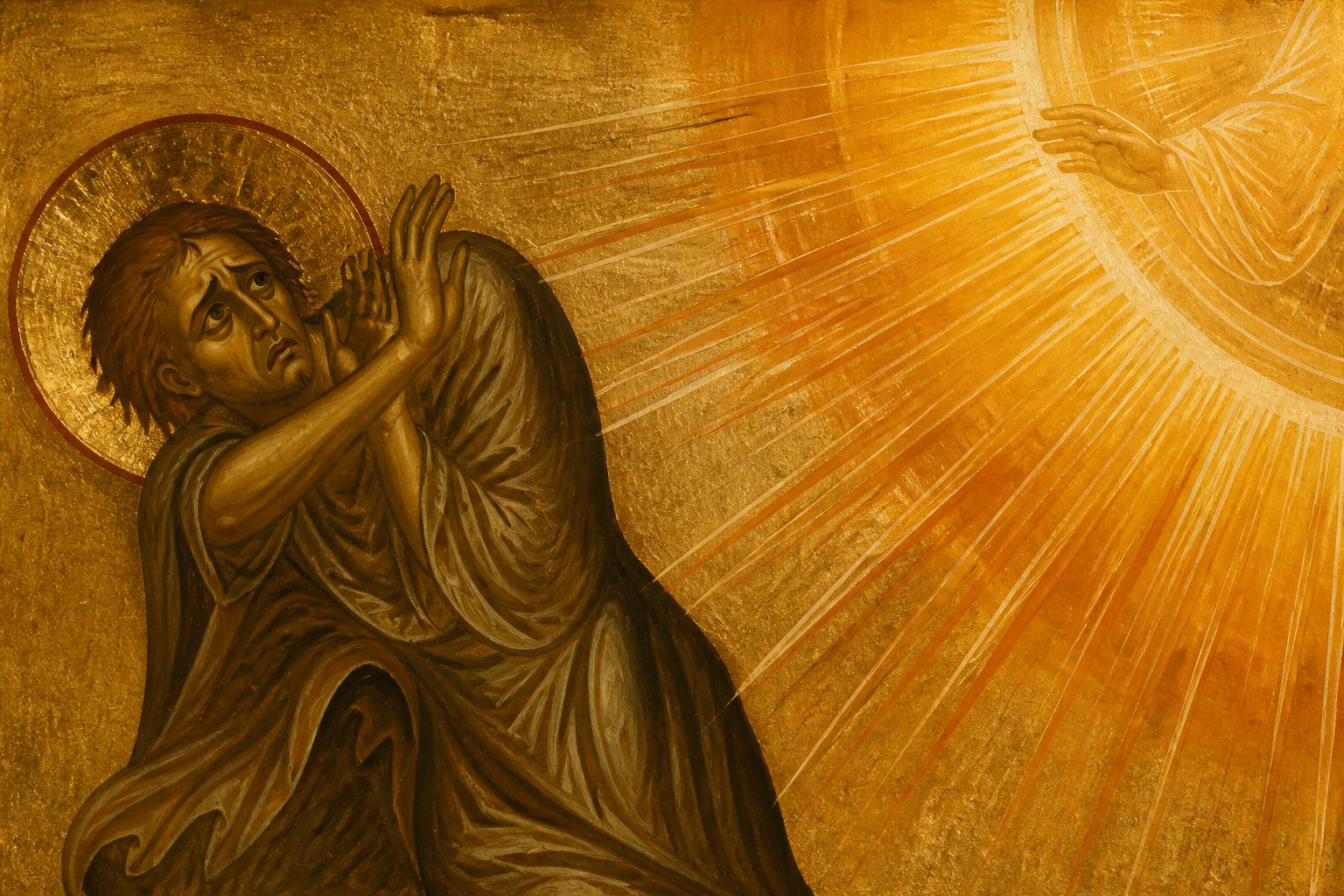Icoană bizantină reprezentând un suflet în chin spiritual, simțind lumina divină ca foc.